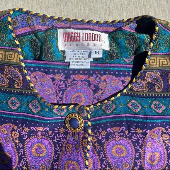 Maggy London 100% Silk Vintage Teal\Purple Embellished Button Up Blouse Size 16 - Picture 2 of 6